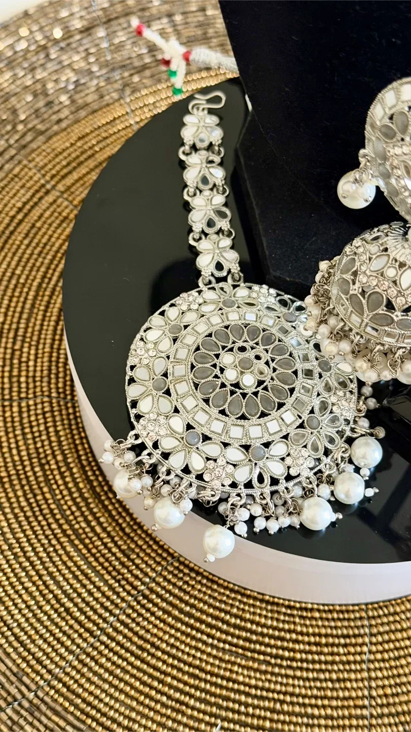 Grey mirror Choker Necklace and Jhumka Earrings Set - photo 2