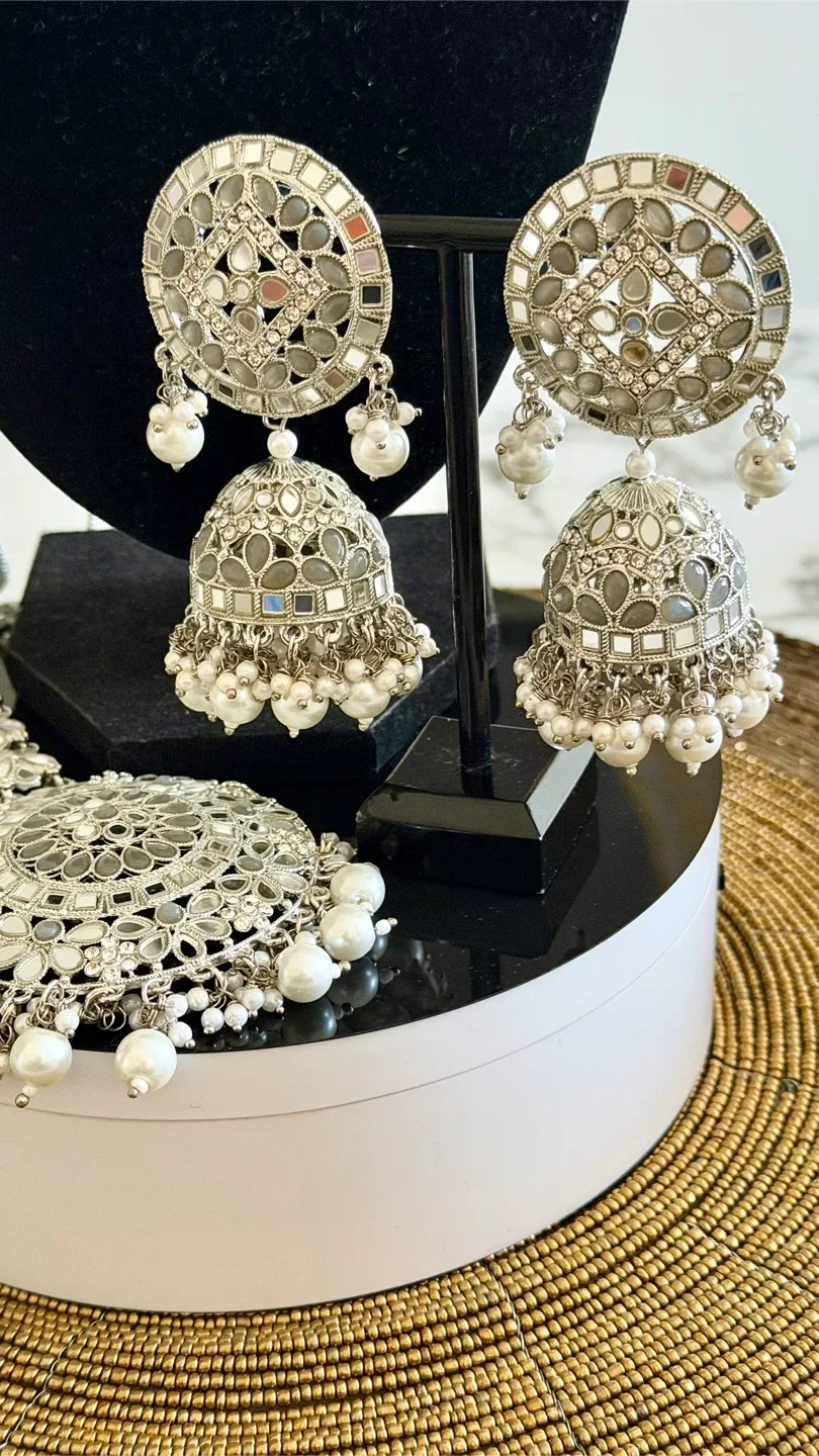 Grey mirror Choker Necklace and Jhumka Earrings Set - photo 3