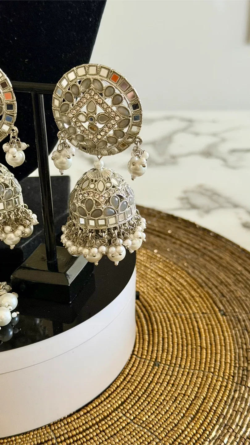 Grey mirror Choker Necklace and Jhumka Earrings Set - photo 4