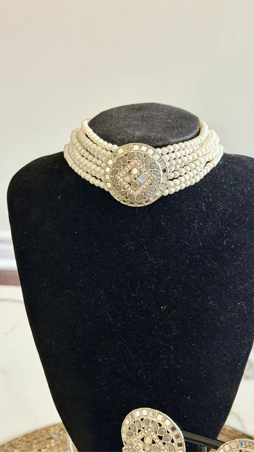 Grey mirror Choker Necklace and Jhumka Earrings Set - photo 5