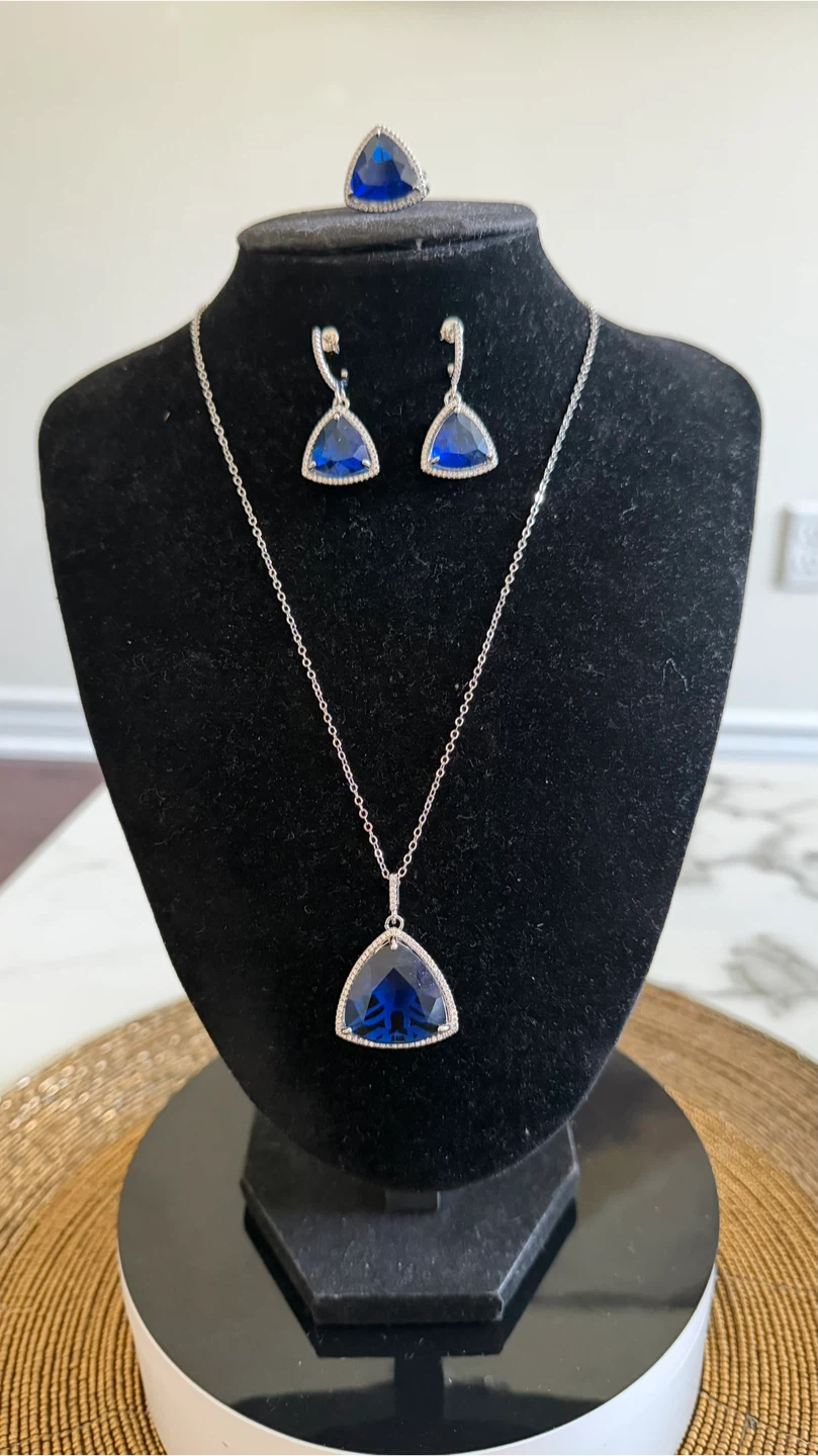 Triangular Blue Gemstone Pendant with Earrings and Ring Set