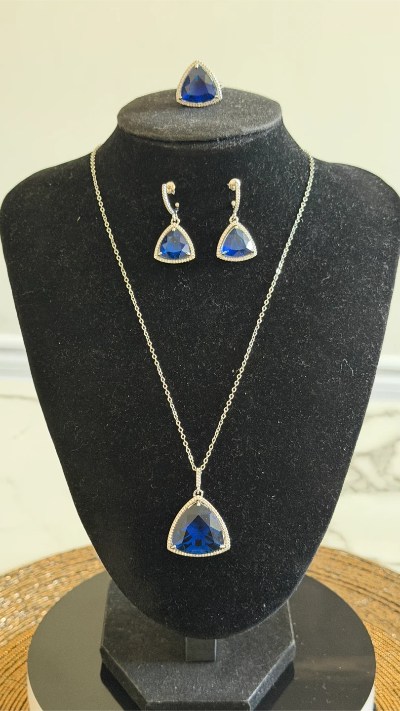 Triangular Blue Gemstone Pendant with Earrings and Ring Set - photo 2