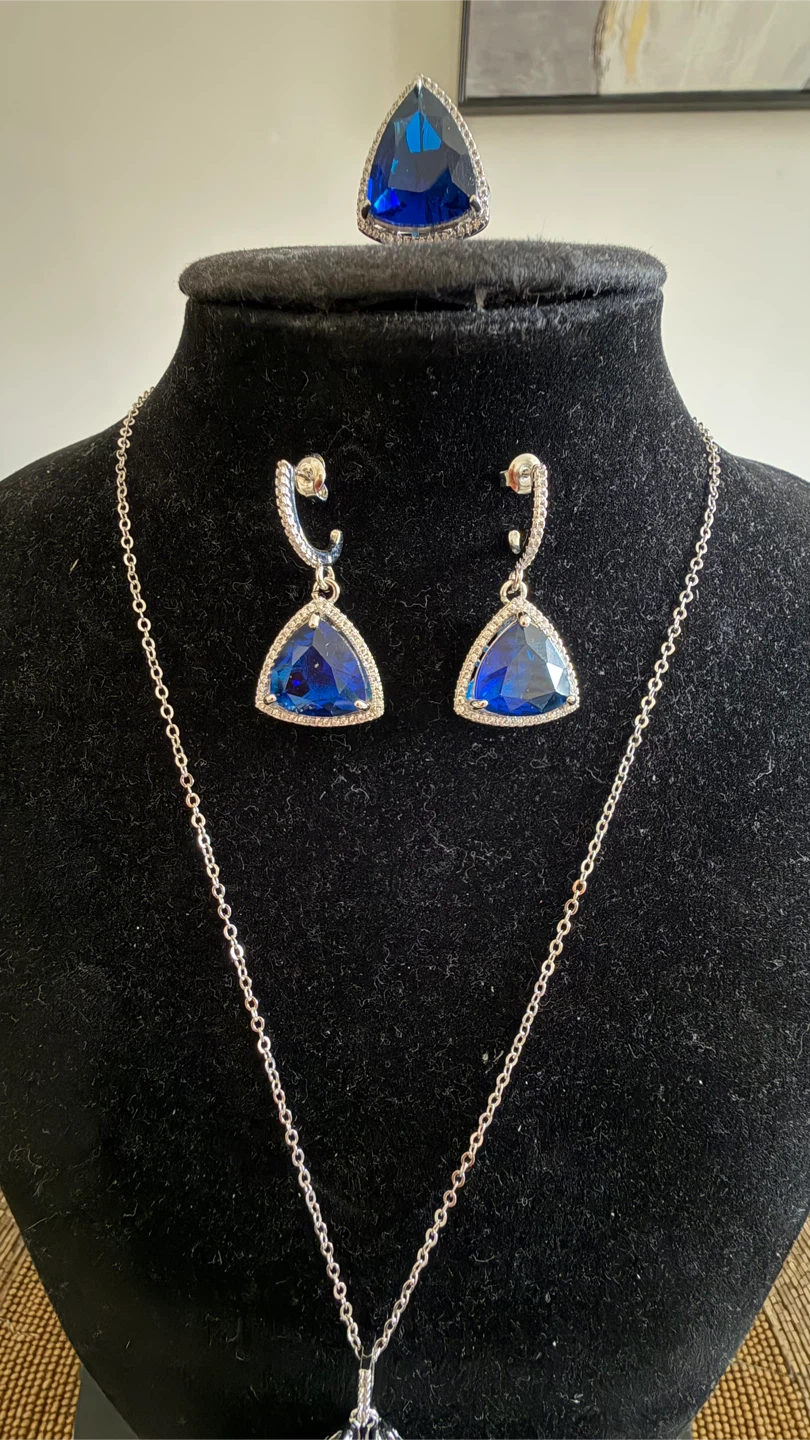 Triangular Blue Gemstone Pendant with Earrings and Ring Set - photo 3