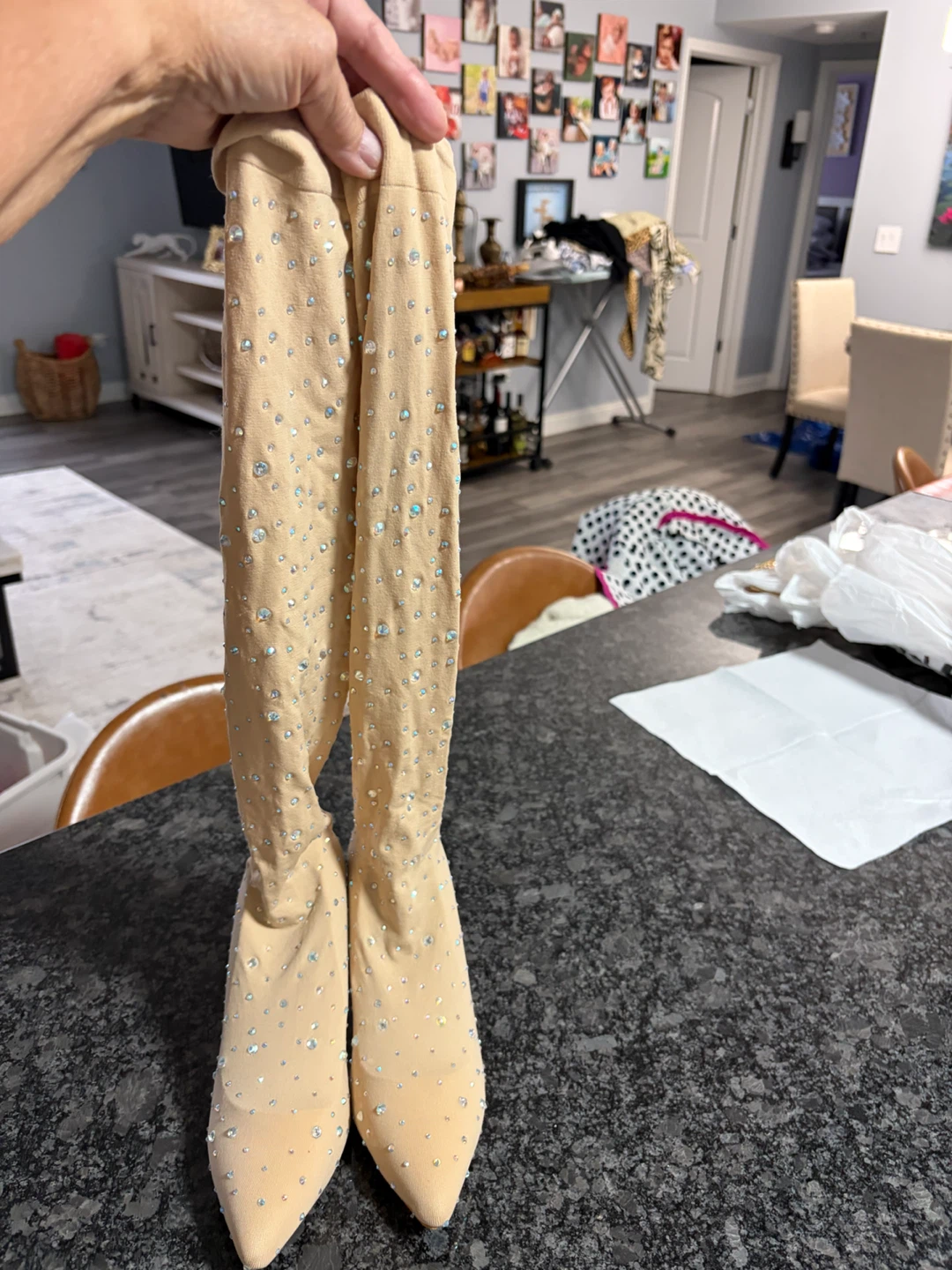 Beige Rhinestone Over-the-Knee Boots