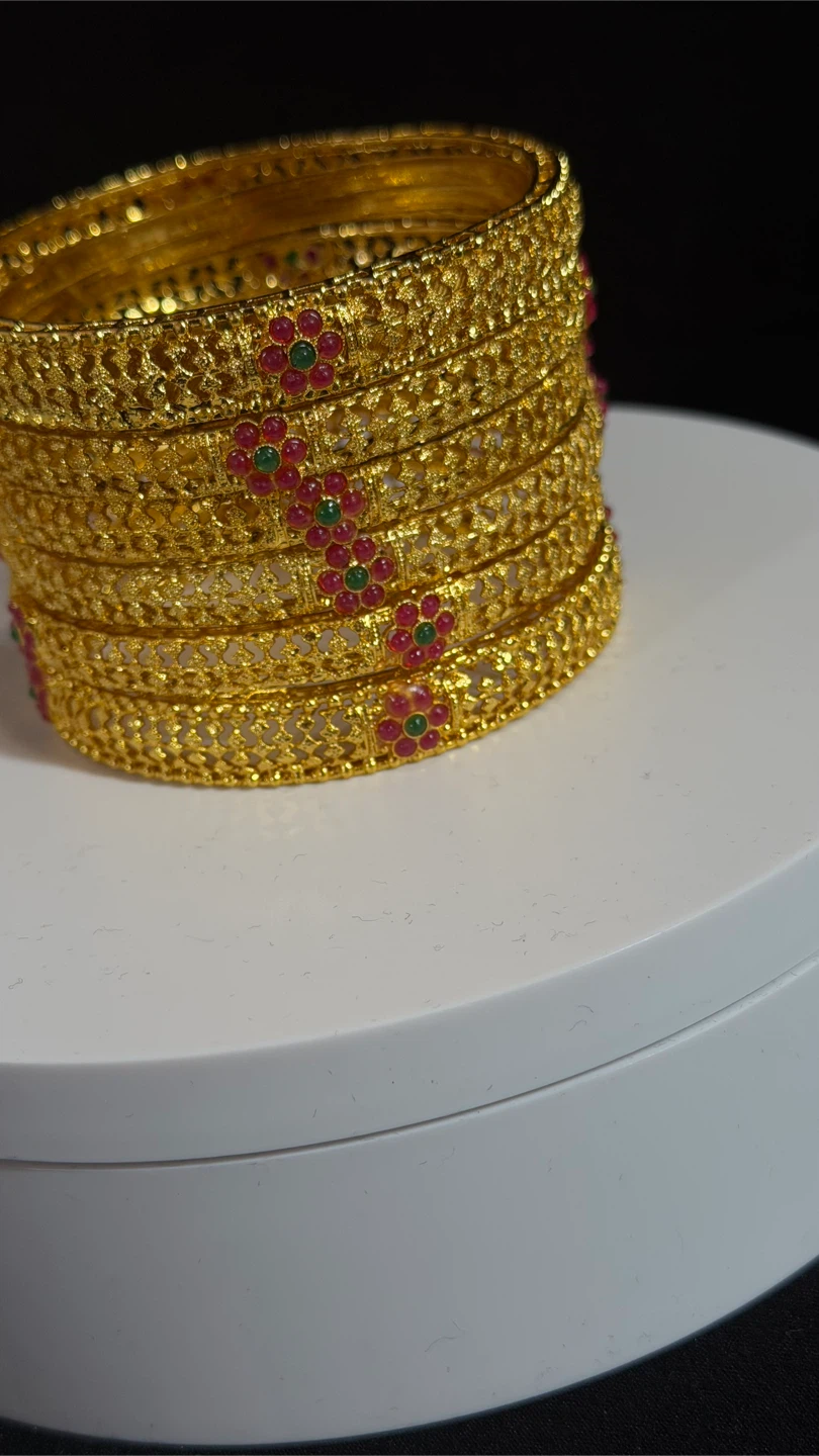 Gold-toned Bangles with Red and Green Stones - photo 2