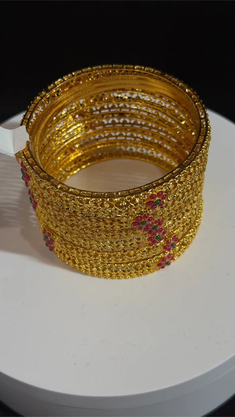 Gold-toned Bangles with Red and Green Stones - photo 3