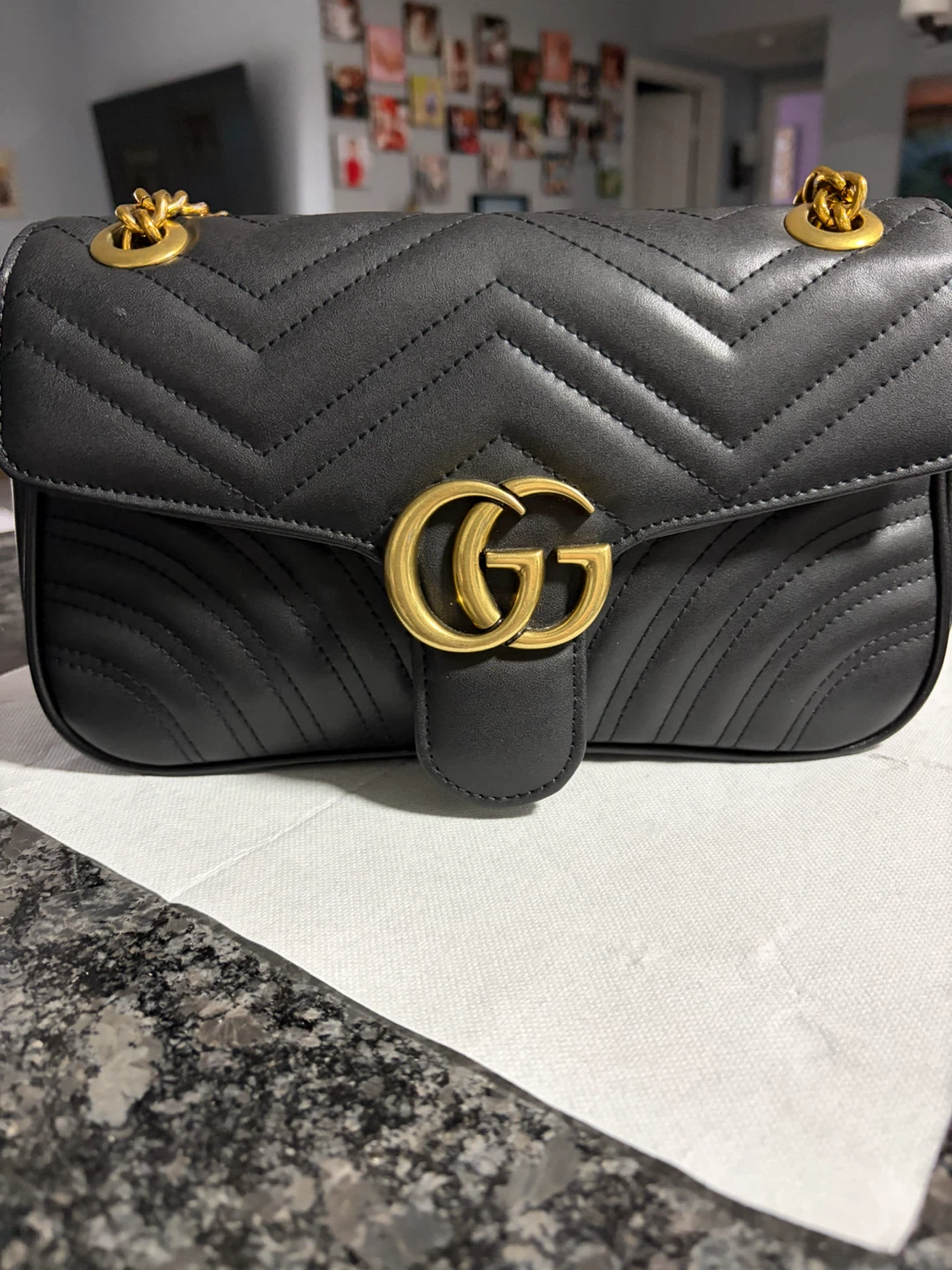 Black Quilted Leather Shoulder Bag with Gold Chain