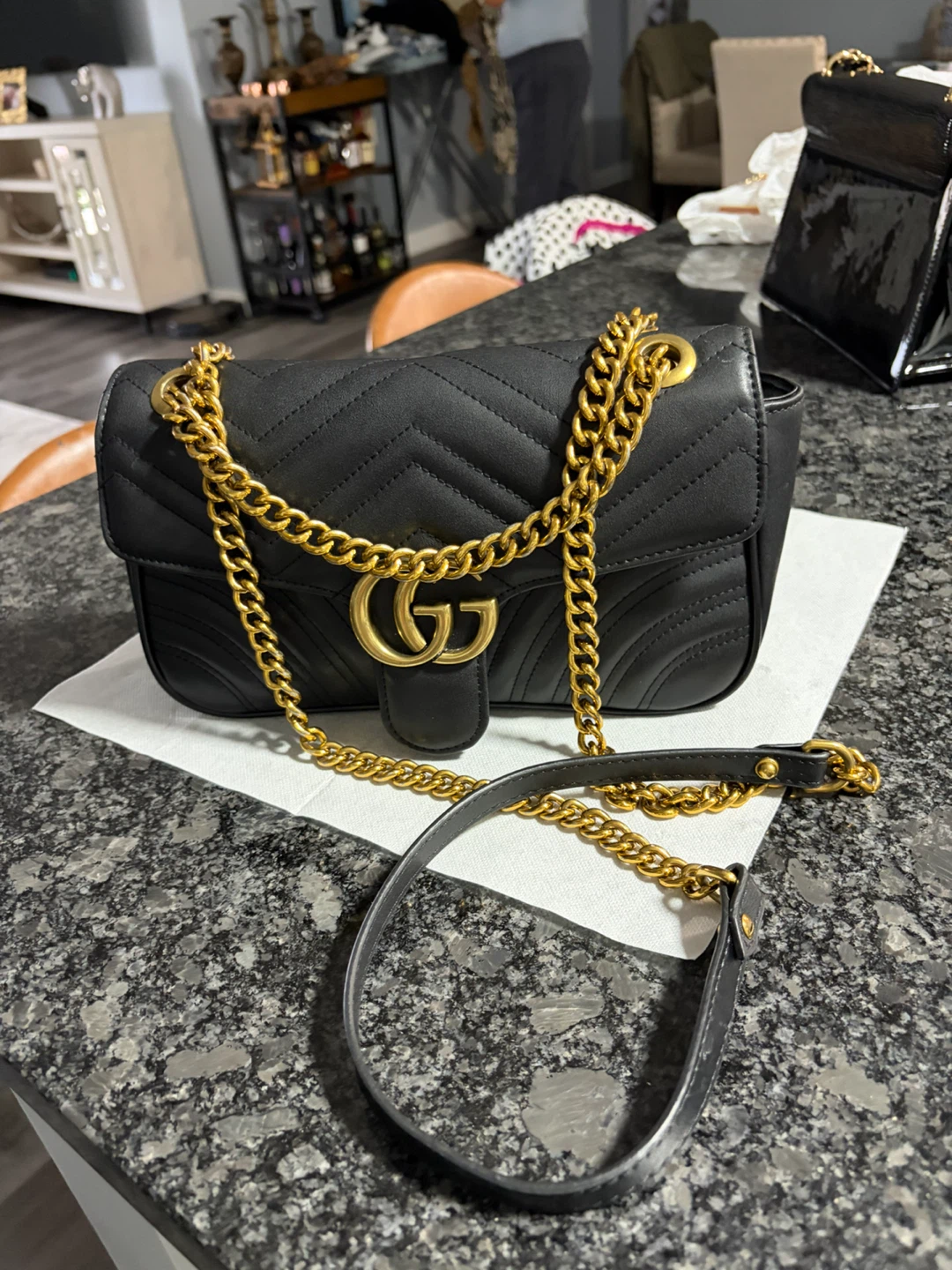 Black Quilted Leather Shoulder Bag with Gold Chain - photo 2