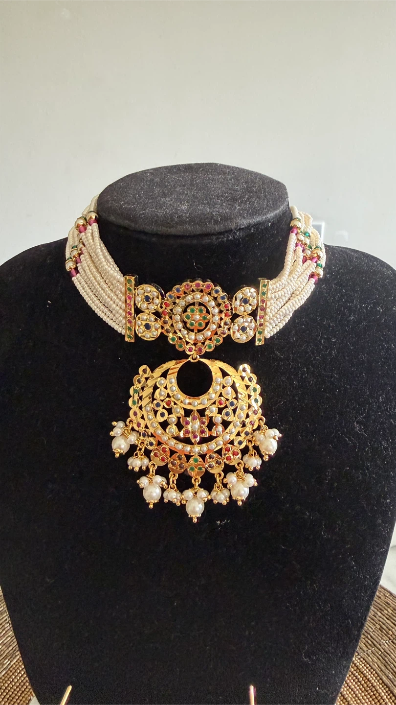 Gold Plated Choker Necklace and Earring Set with Pearls