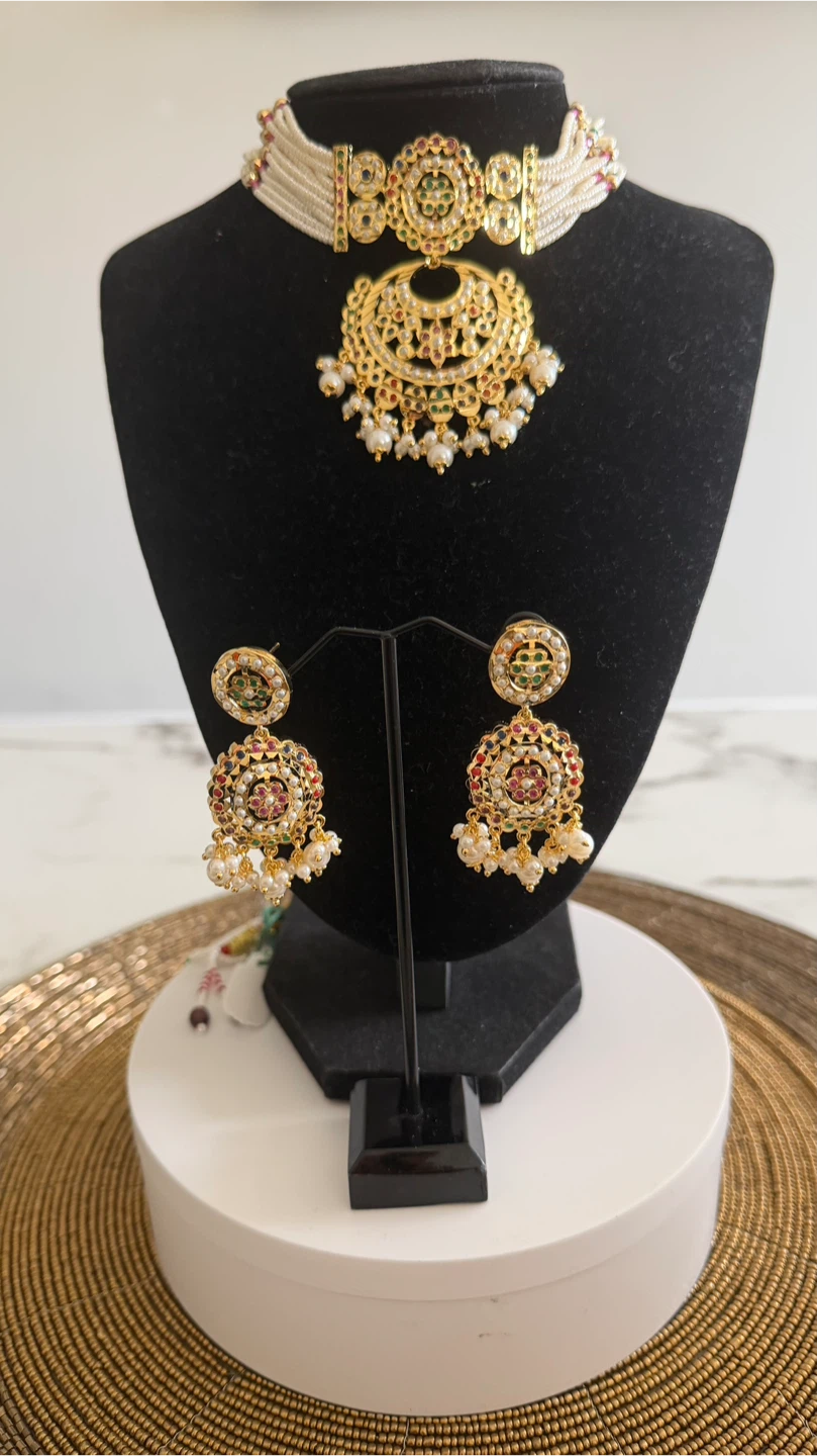 Gold Plated Choker Necklace and Earring Set with Pearls - photo 2