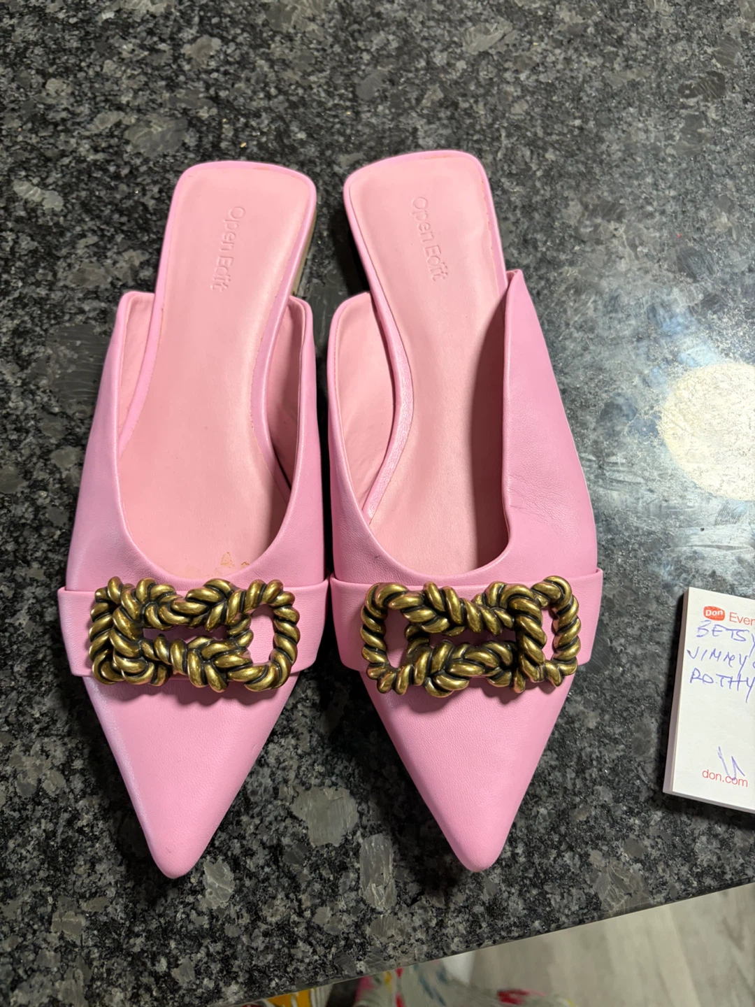Open Edit Pink Mules with Gold Buckle