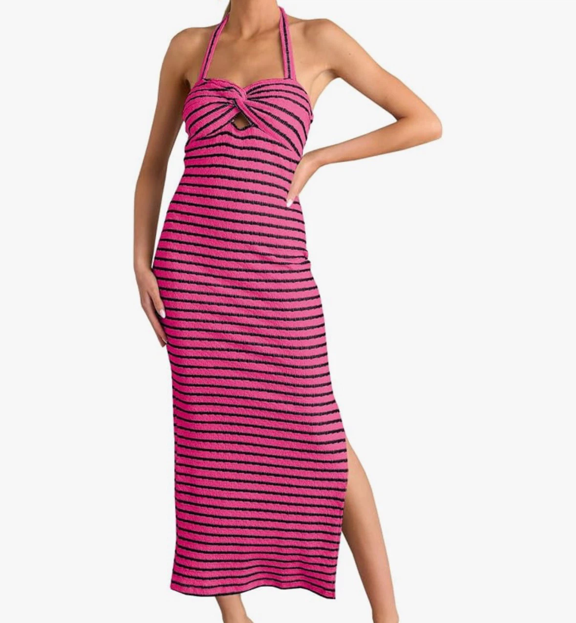 Pink & Black Striped Halter Maxi Dress