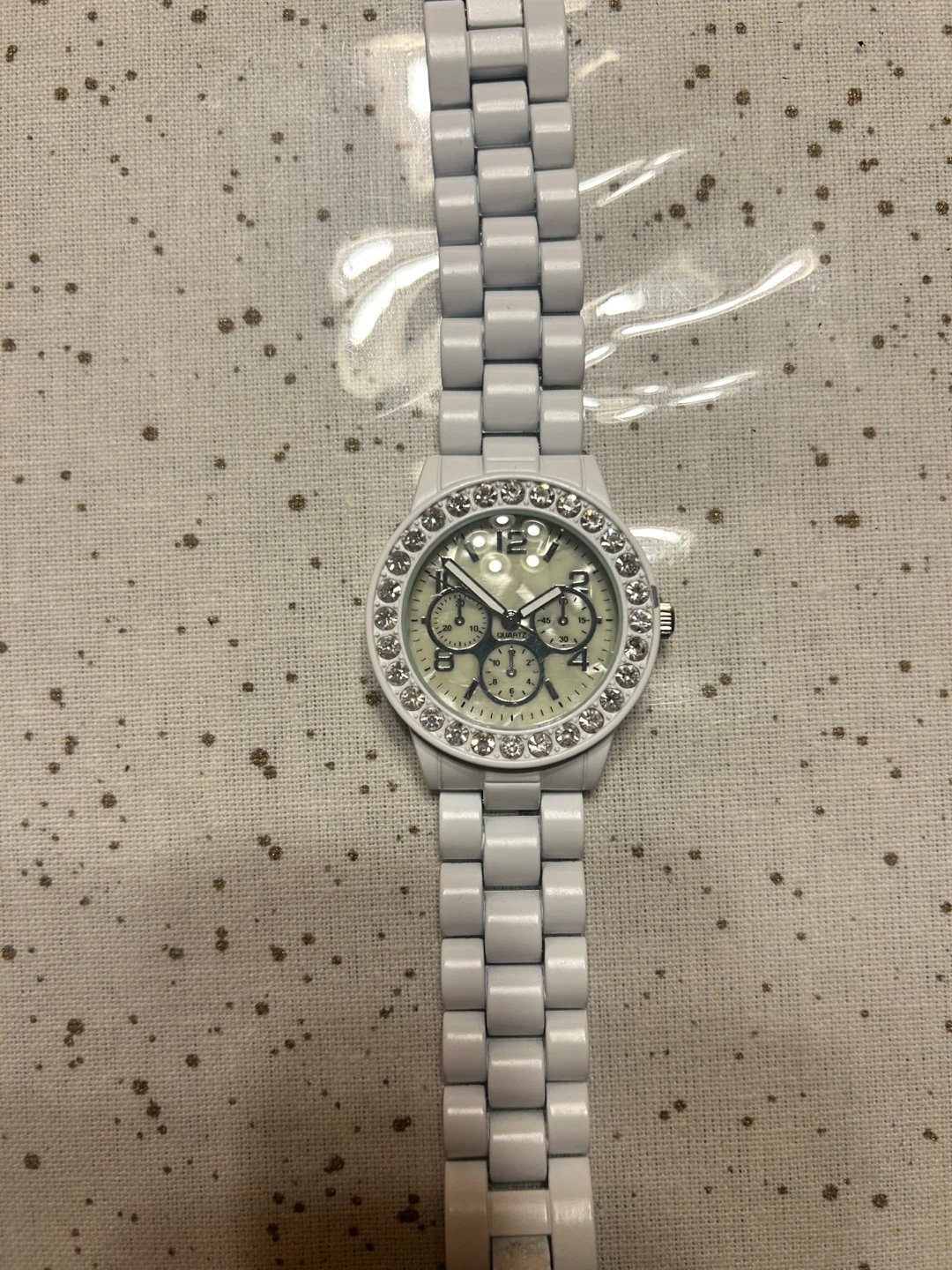 White Quartz Watch with Rhinestone Bezel - photo 3