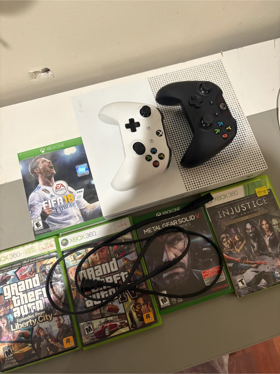 White Xbox One S Console with Controllers and Games