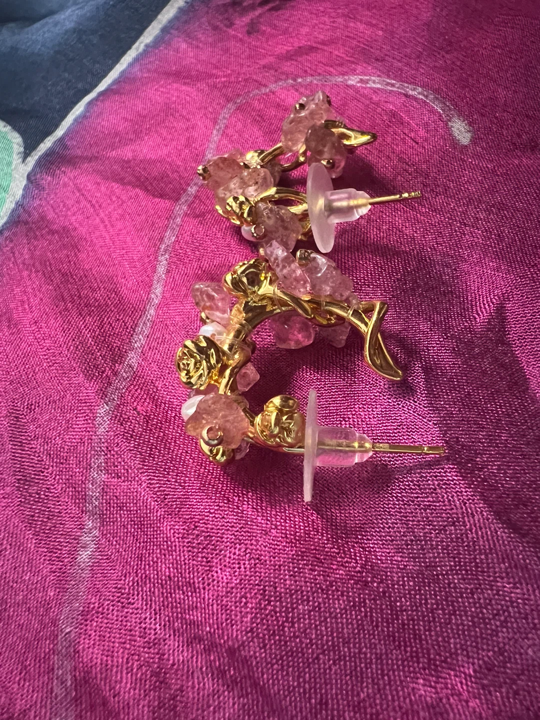 Gold-tone Hoop Earrings with Pink Gemstones and Pearls