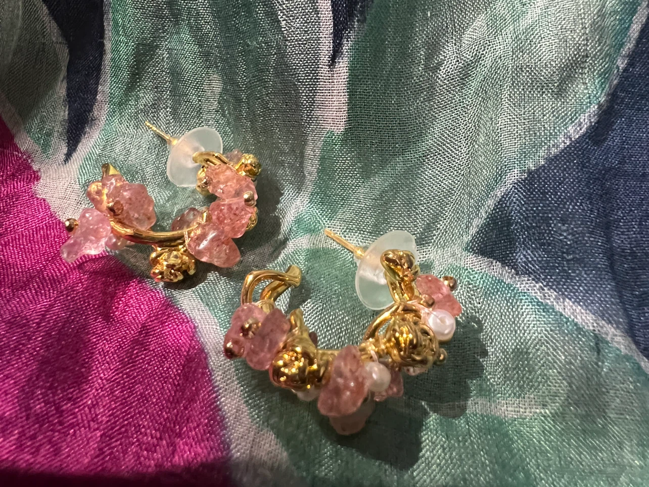 Gold-tone Hoop Earrings with Pink Gemstones and Pearls - photo 2