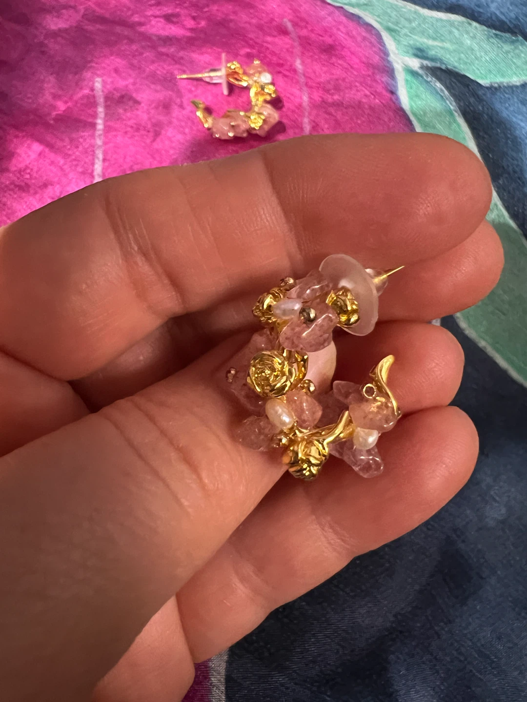 Gold-tone Hoop Earrings with Pink Gemstones and Pearls - photo 3