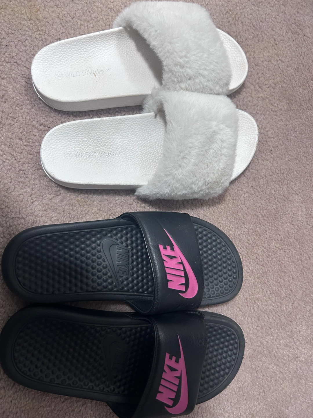 Nike Slides & Fuzzy White Slides