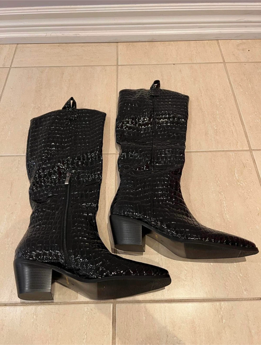 Black Crocodile Print Knee-High Boots