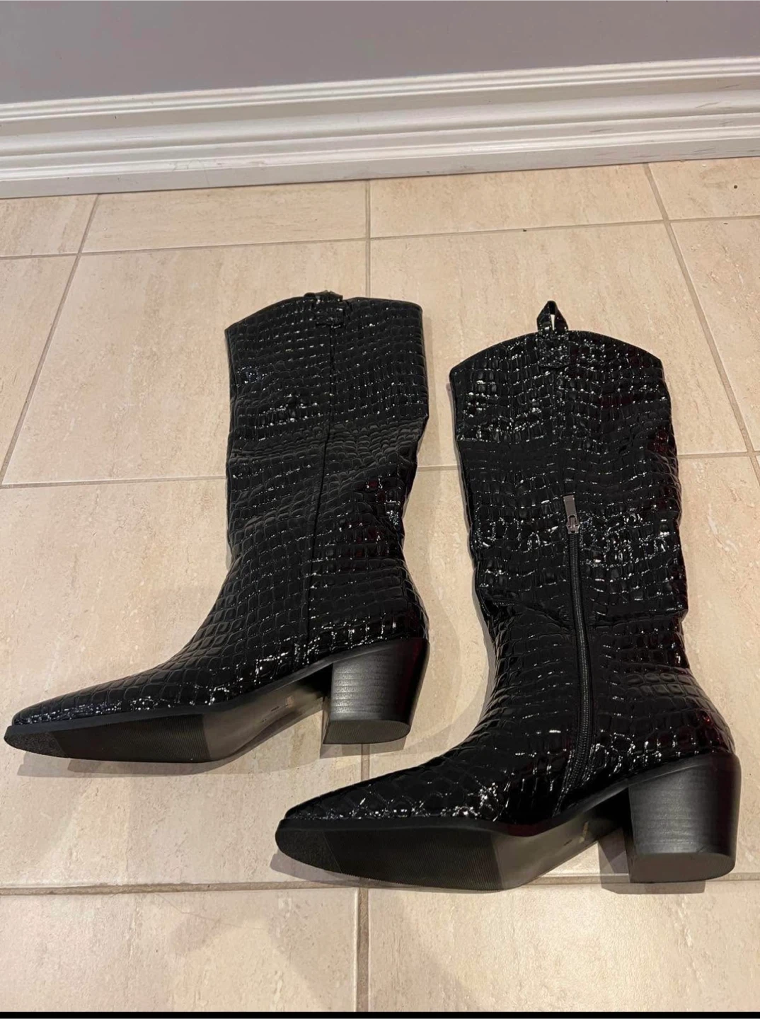 Black Crocodile Print Knee-High Boots - photo 3