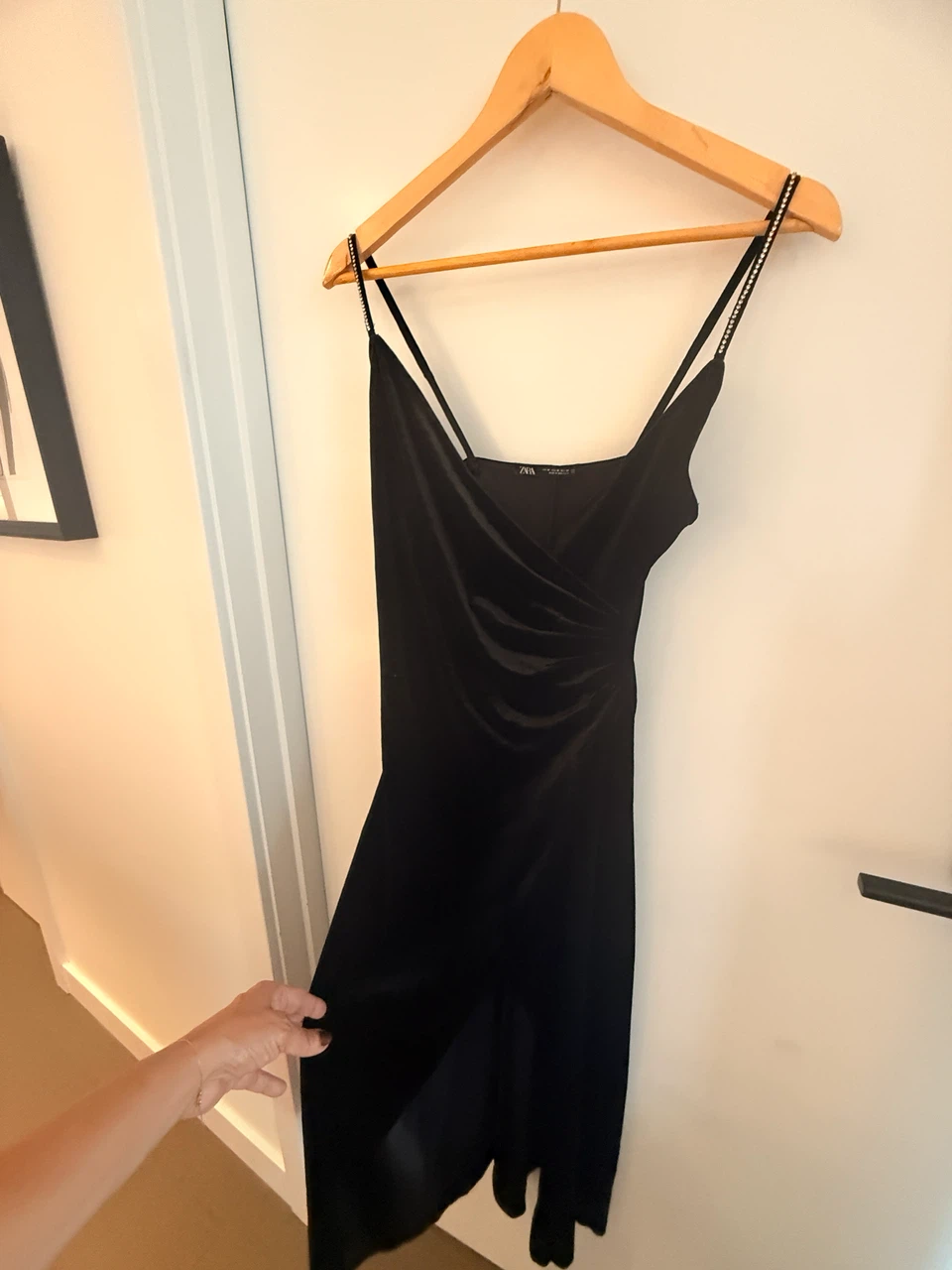 ZARA Black Velvet Slip Dress with Rhinestone Straps