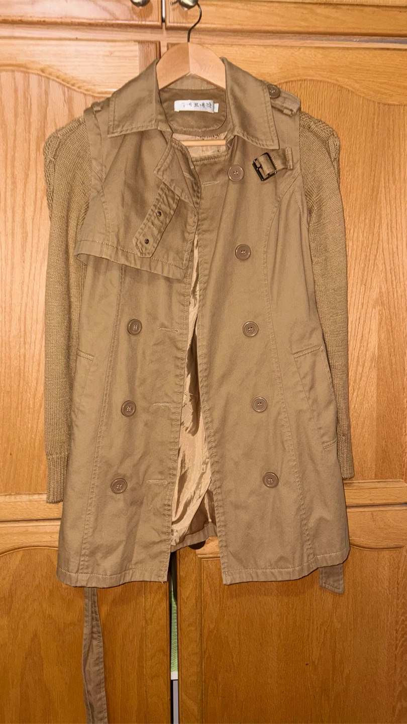 Tan Double-Breasted Trench Coat with Knit Sleeves - photo 2