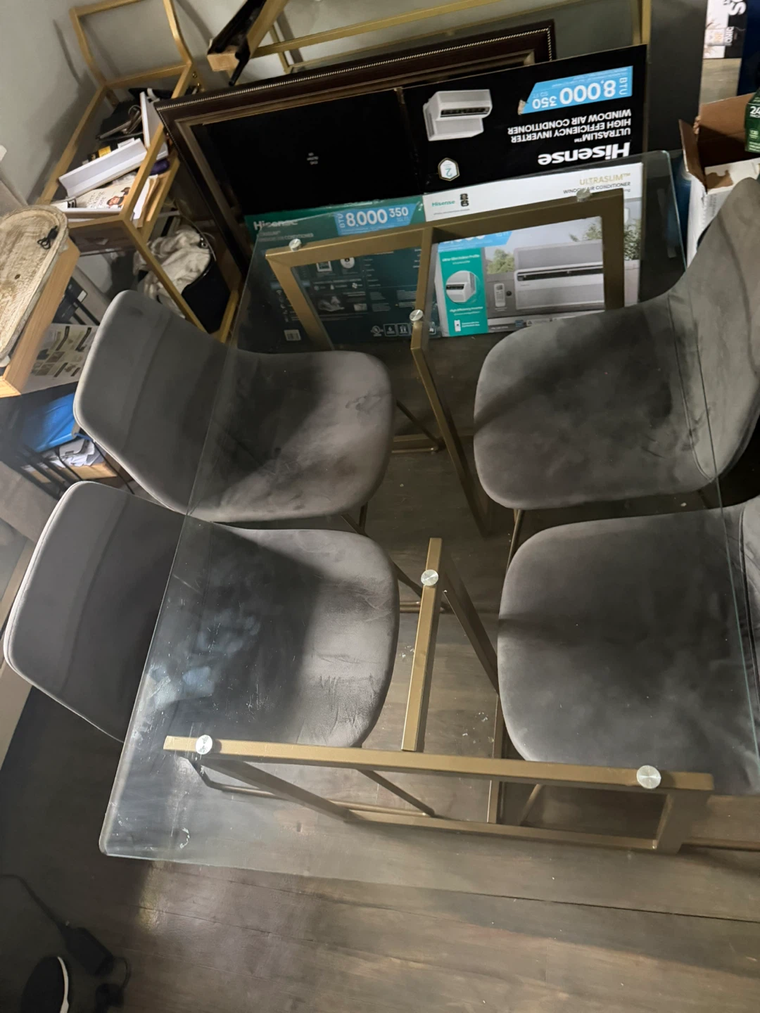 Set of 4 Grey Velvet Dining Chairs with Gold Legs