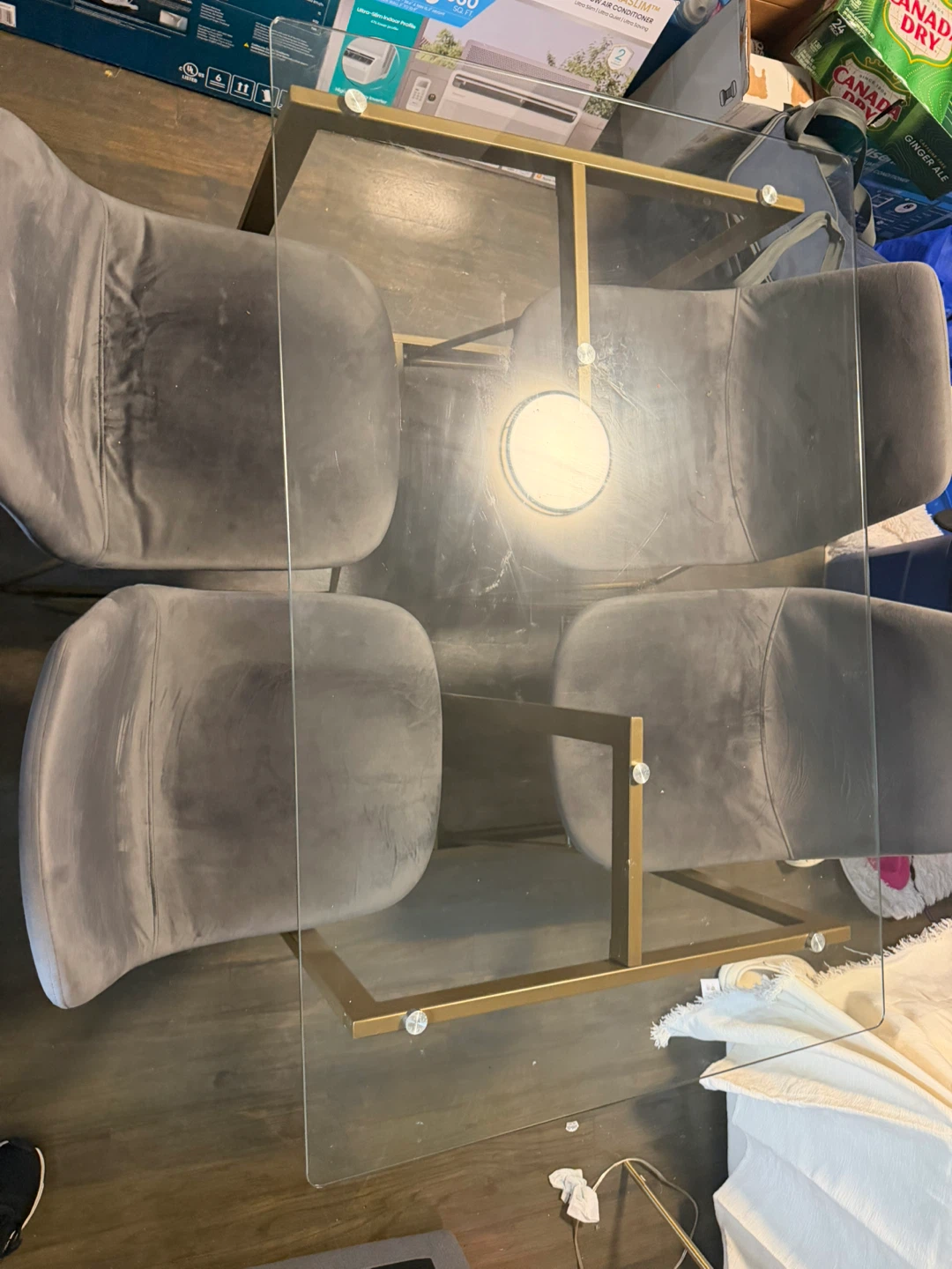 Set of 4 Grey Velvet Dining Chairs with Gold Legs - photo 2