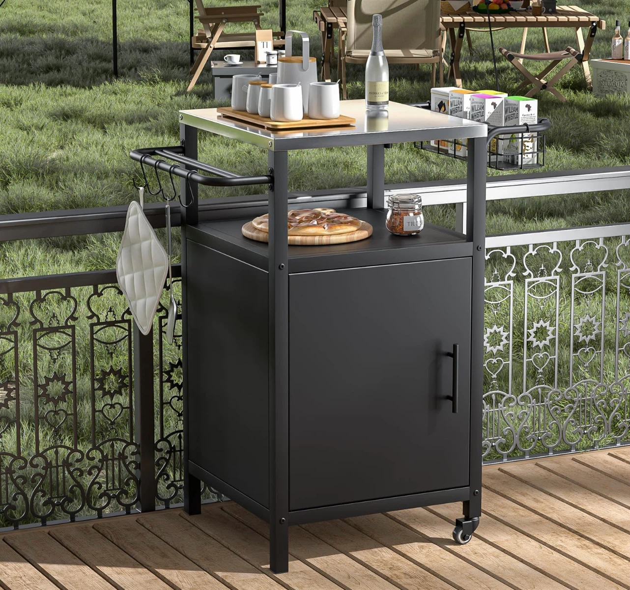 Black Outdoor BBQ Cart with Stainless Steel Top