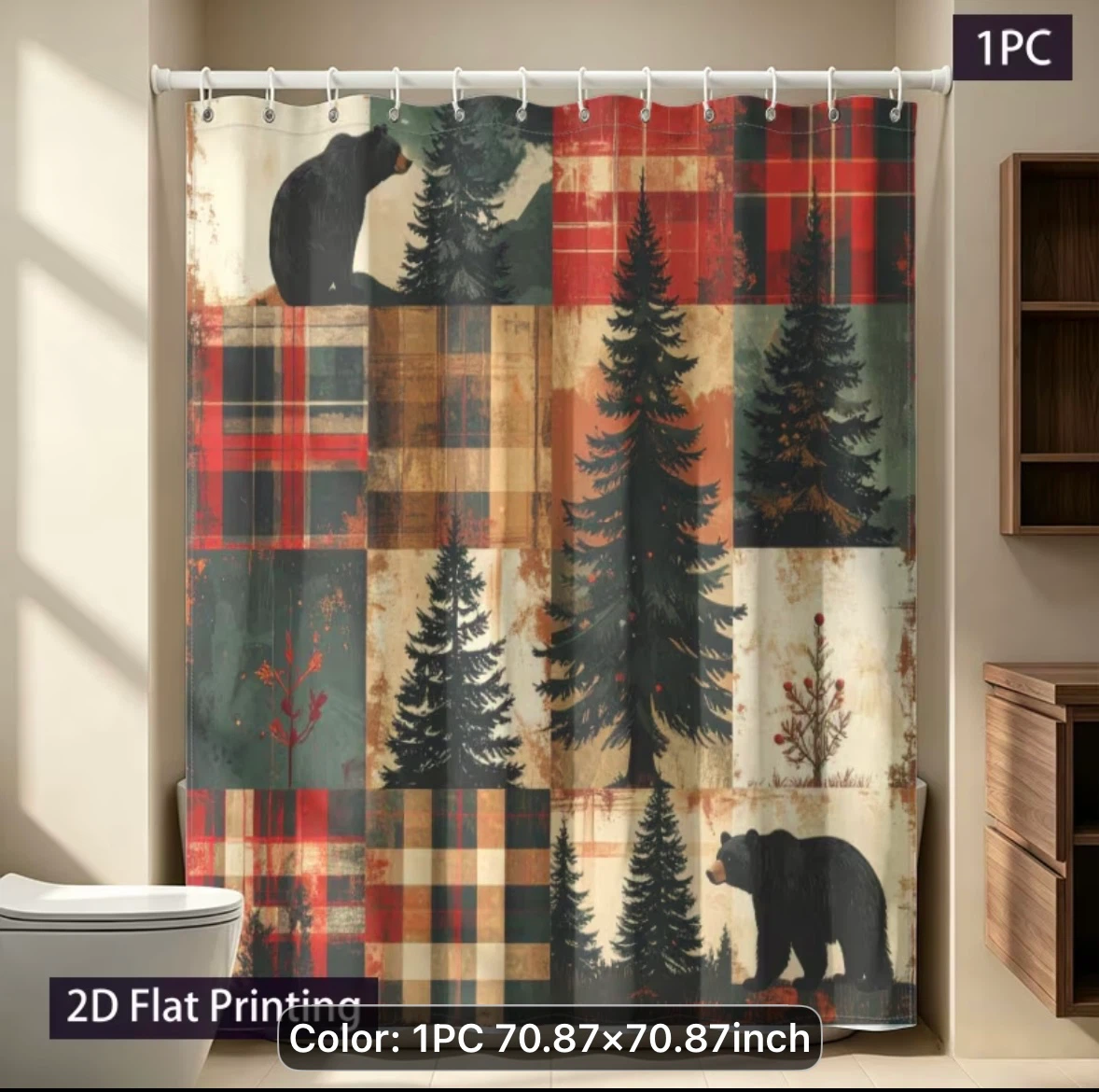Shower Curtain with Bear and Trees Design