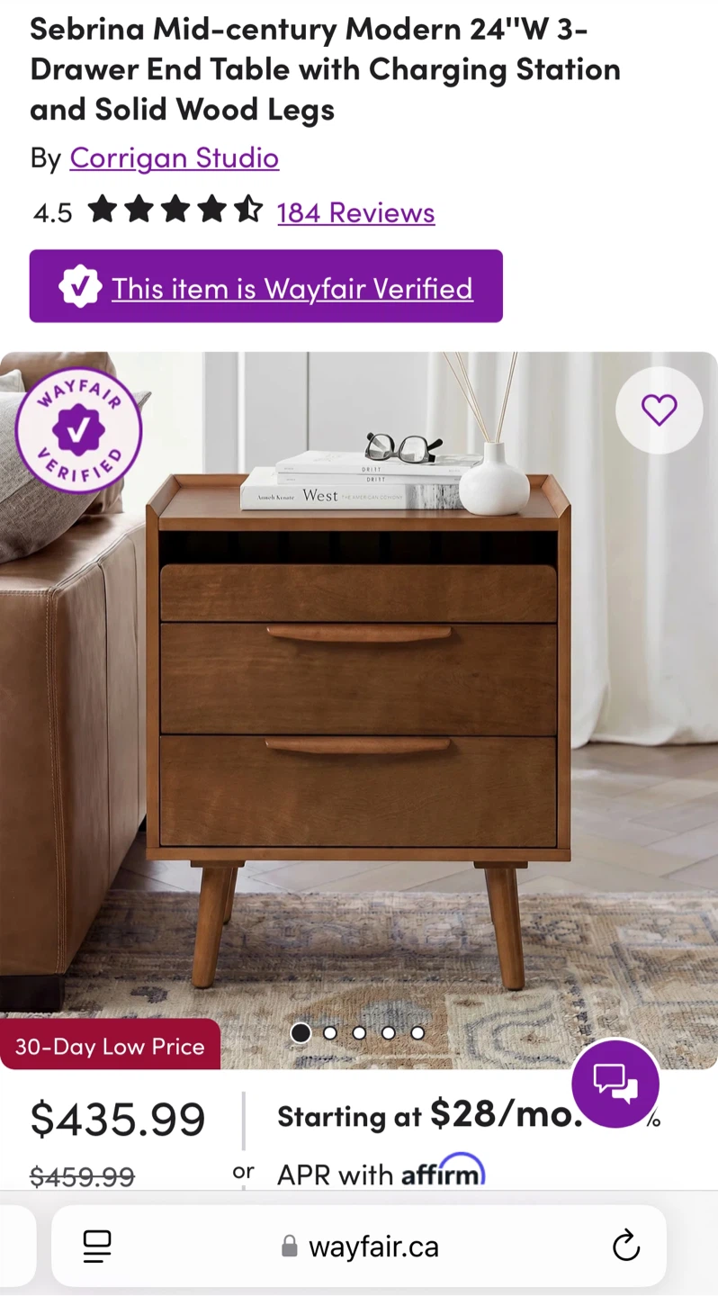 Corrigan Studio End/ bedside  Table with charging station