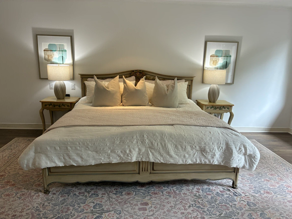 King size bed+ Tempur-pedic mattress and 2 matching end tables