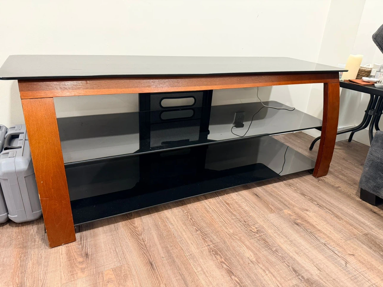 Glass and Wood TV Stand with Shelves