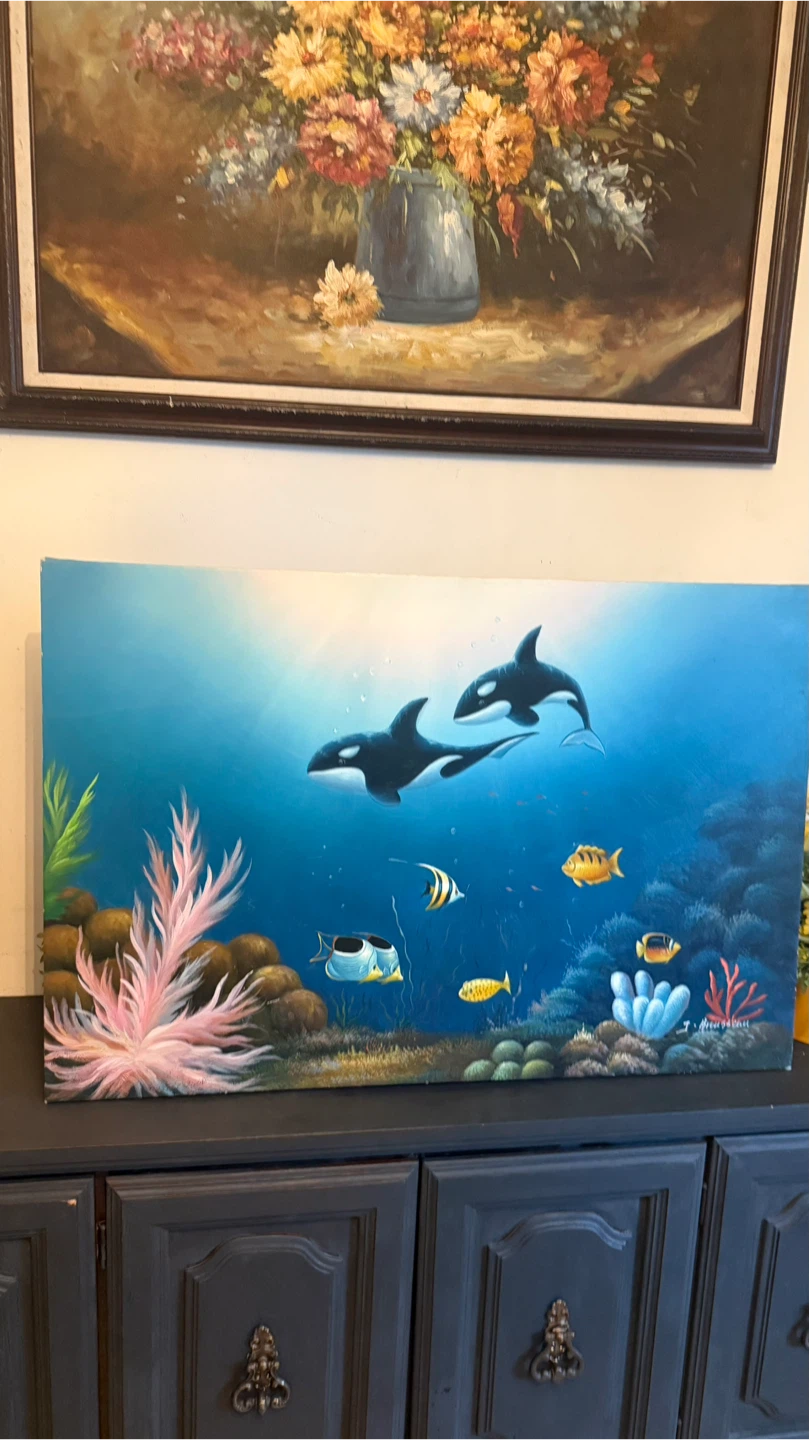 Ocean Scene Painting with Orcas and Fish