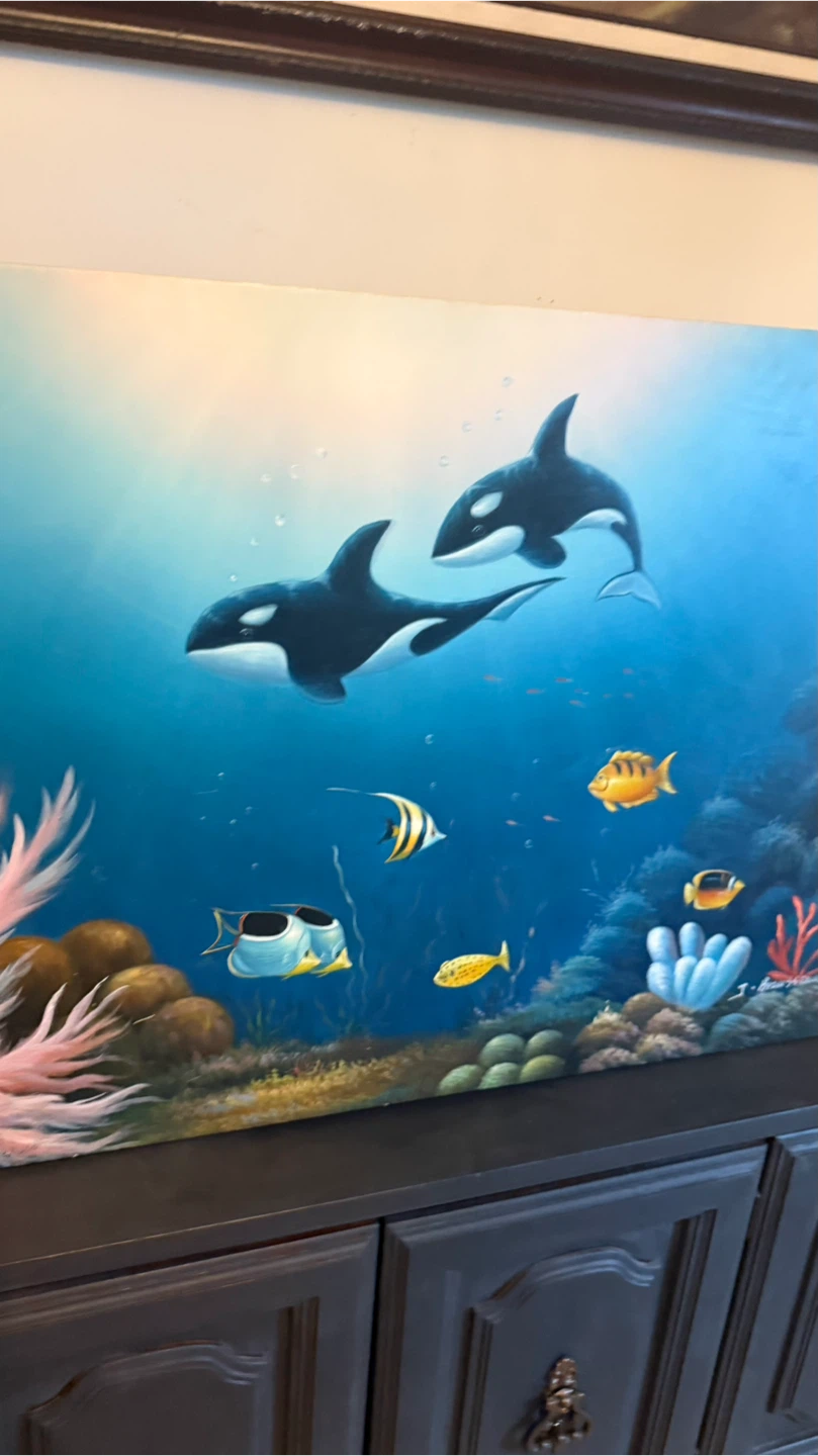Ocean Scene Painting with Orcas and Fish - photo 2