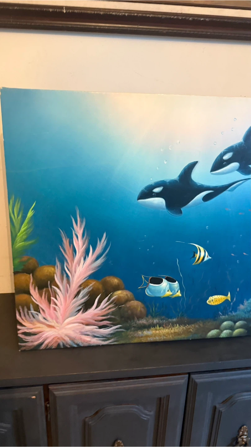 Ocean Scene Painting with Orcas and Fish - photo 3