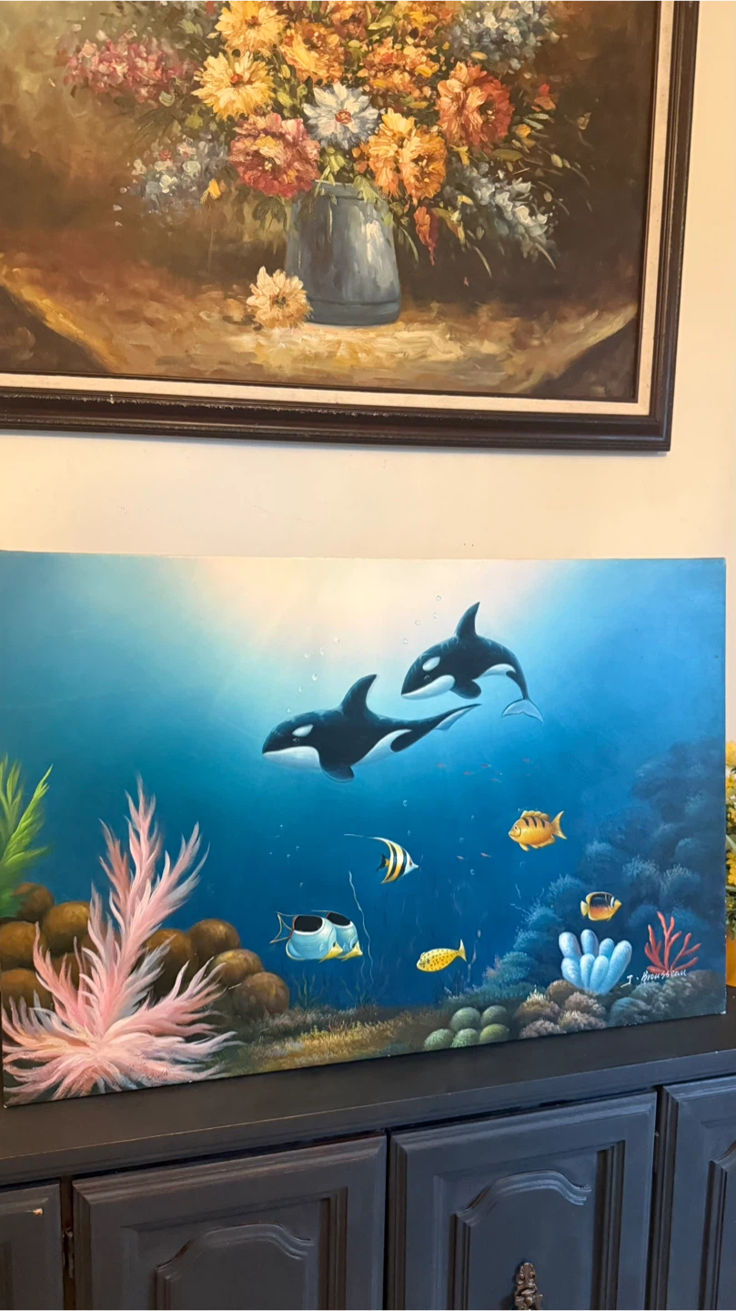 Ocean Scene Painting with Orcas and Fish - photo 4