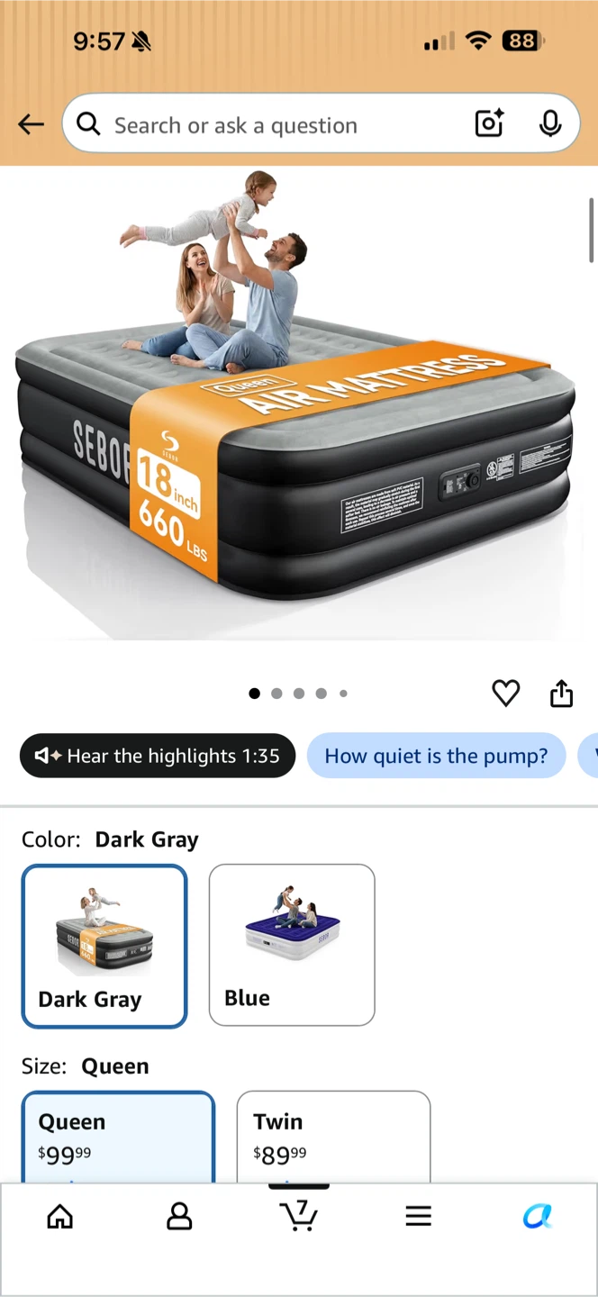 SEBOR Queen Size 18-inch Air Mattress Dark Gray