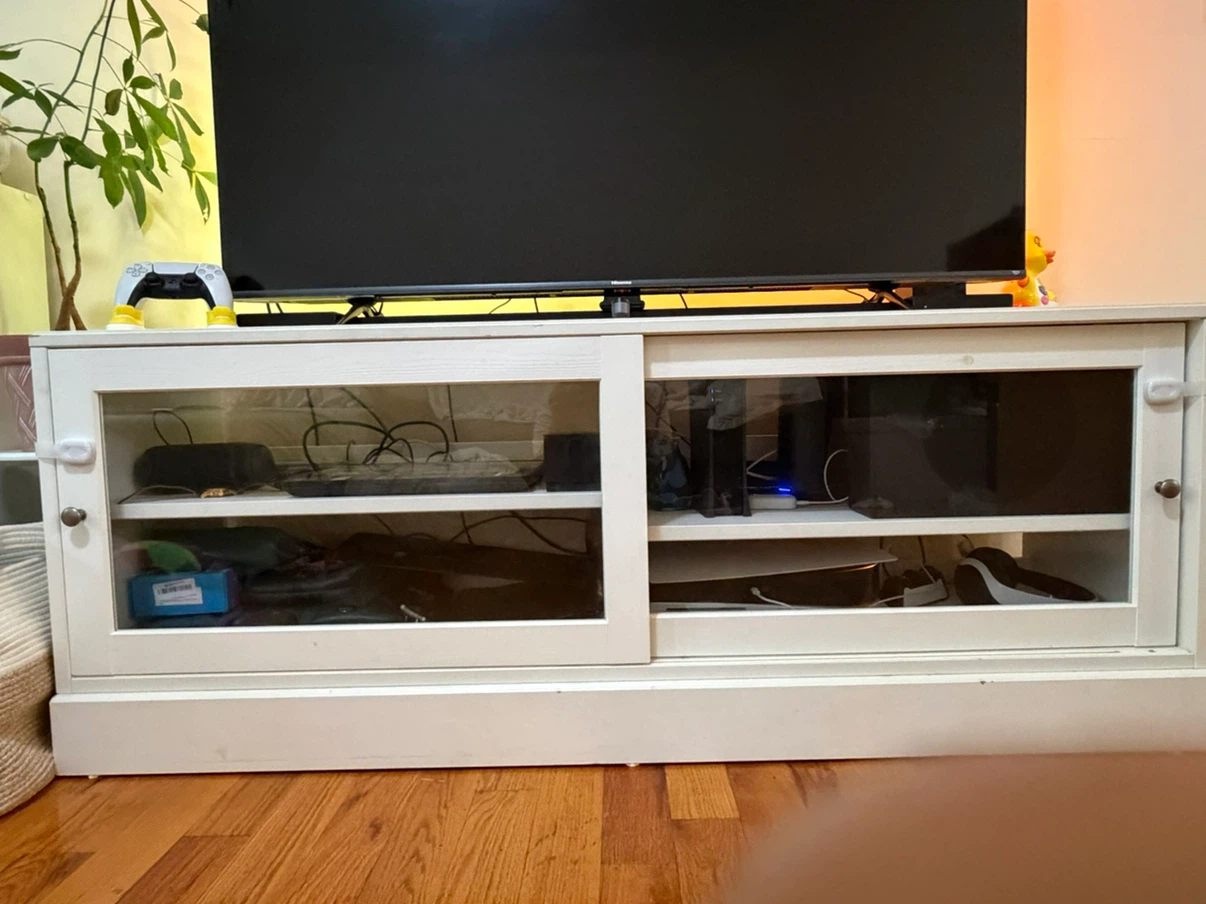 White TV Stand with Glass Sliding Doors - photo 2
