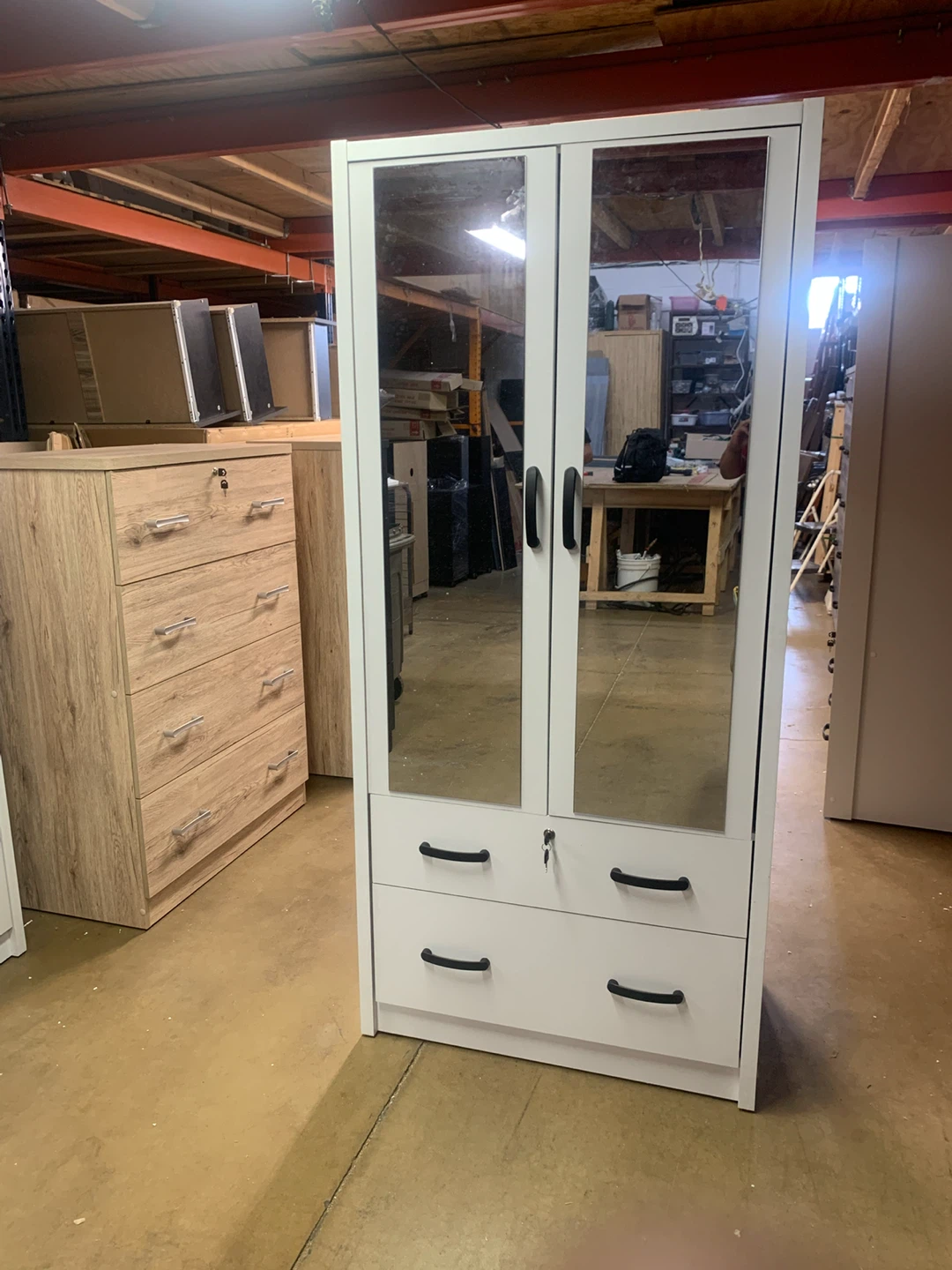 White Double Door Wardrobe with Mirrored Panels and Drawers