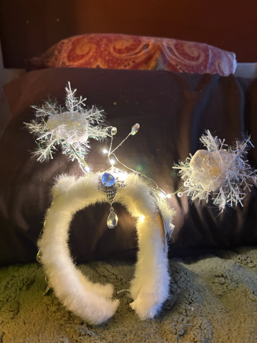 White Faux Fur Headband with Snowflakes and Lights