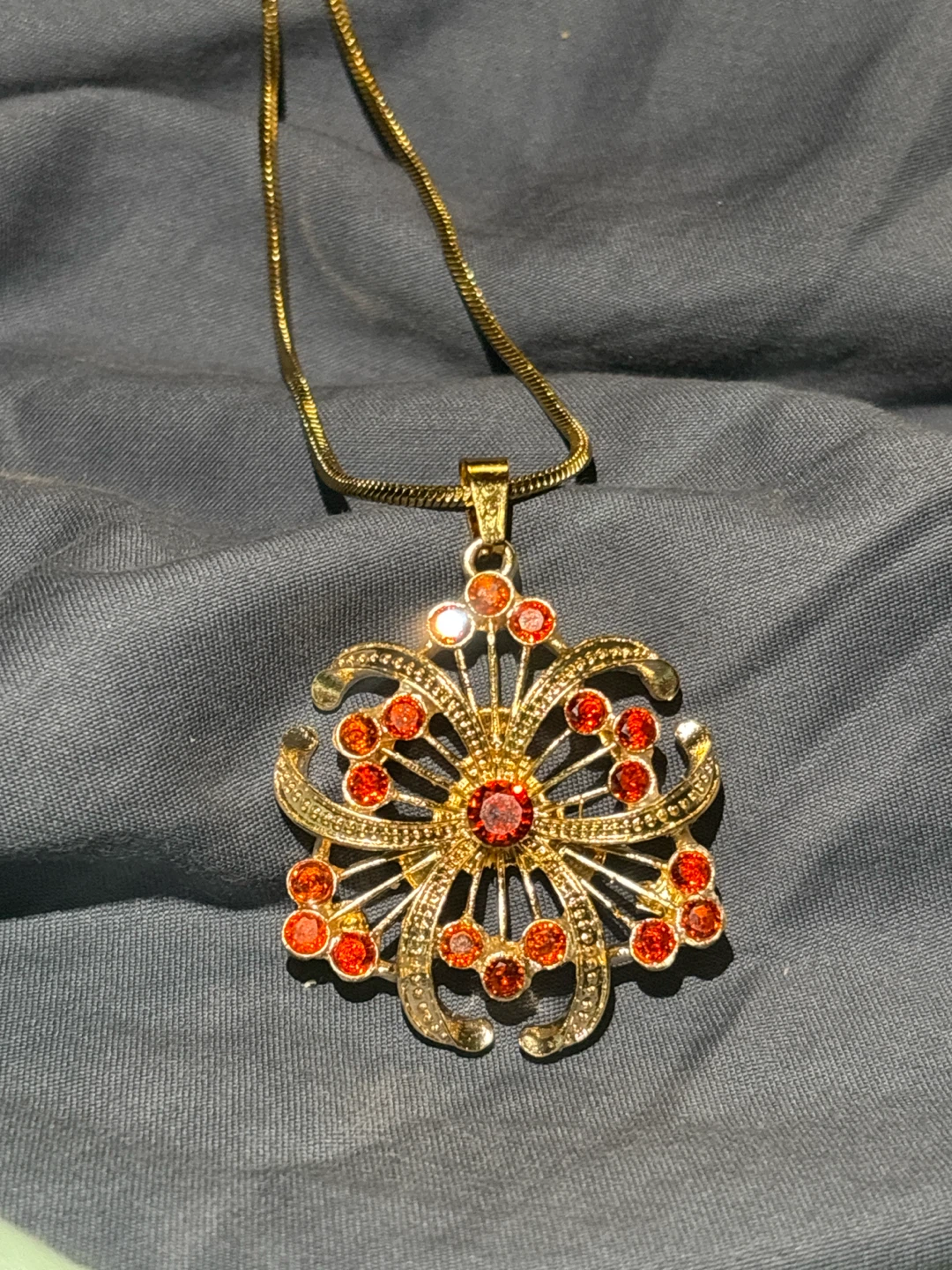 Handcrafted Garnet Floral Necklace Ornate Gold-Tone Pendant