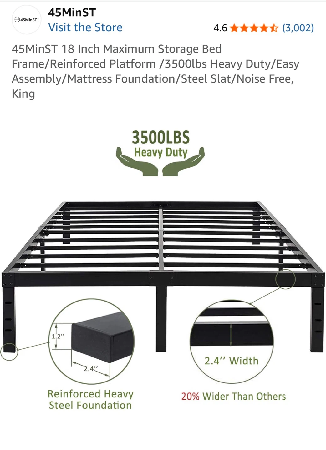 King Size 18 Inch 3500lb heavy duty Bed Frame