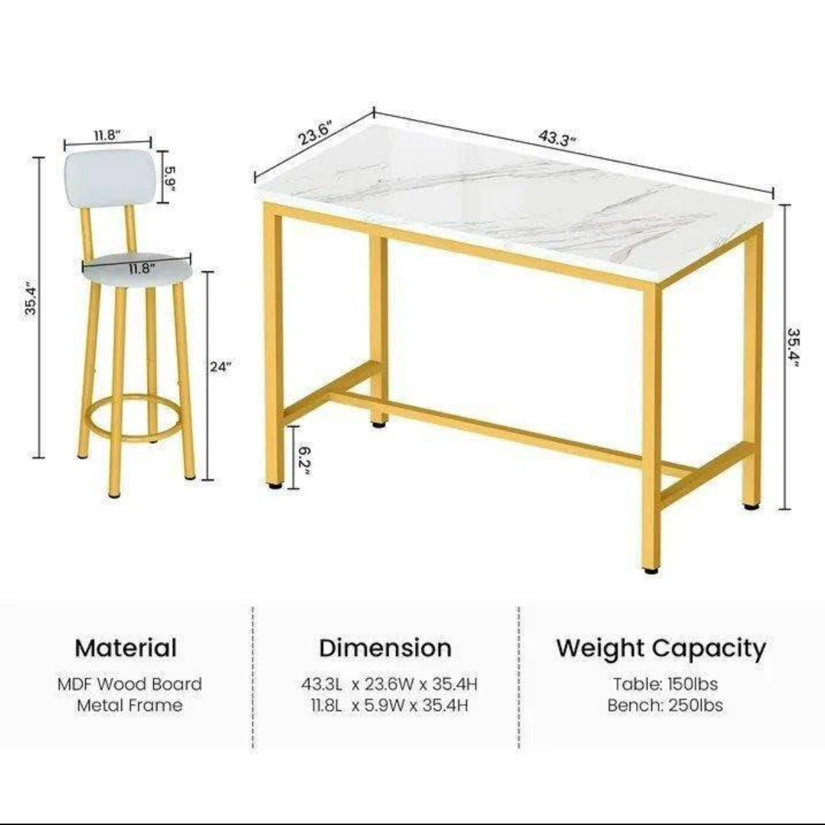 Lamerge Bar Table Set with 2 Stools - White and Gold