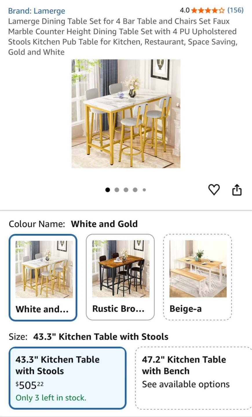 Lamerge Bar Table Set with 2 Stools - White and Gold - photo 2