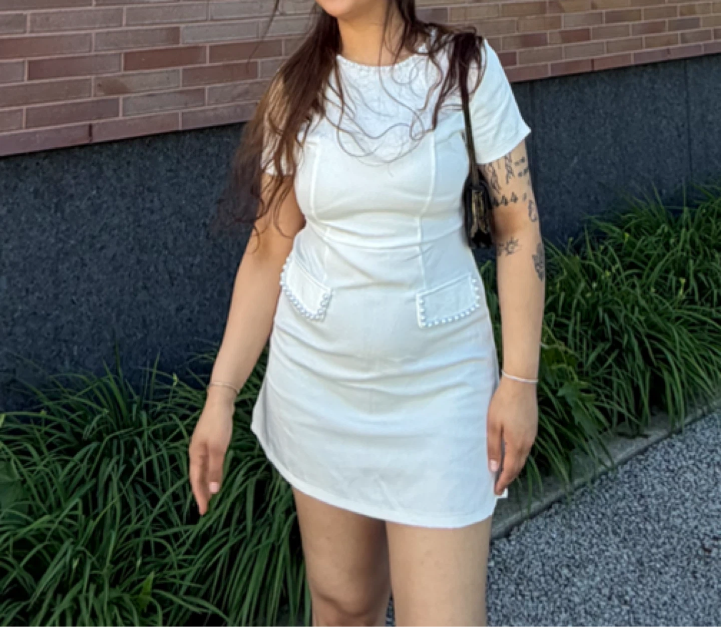 White A-Line Dress with Pearl Detail