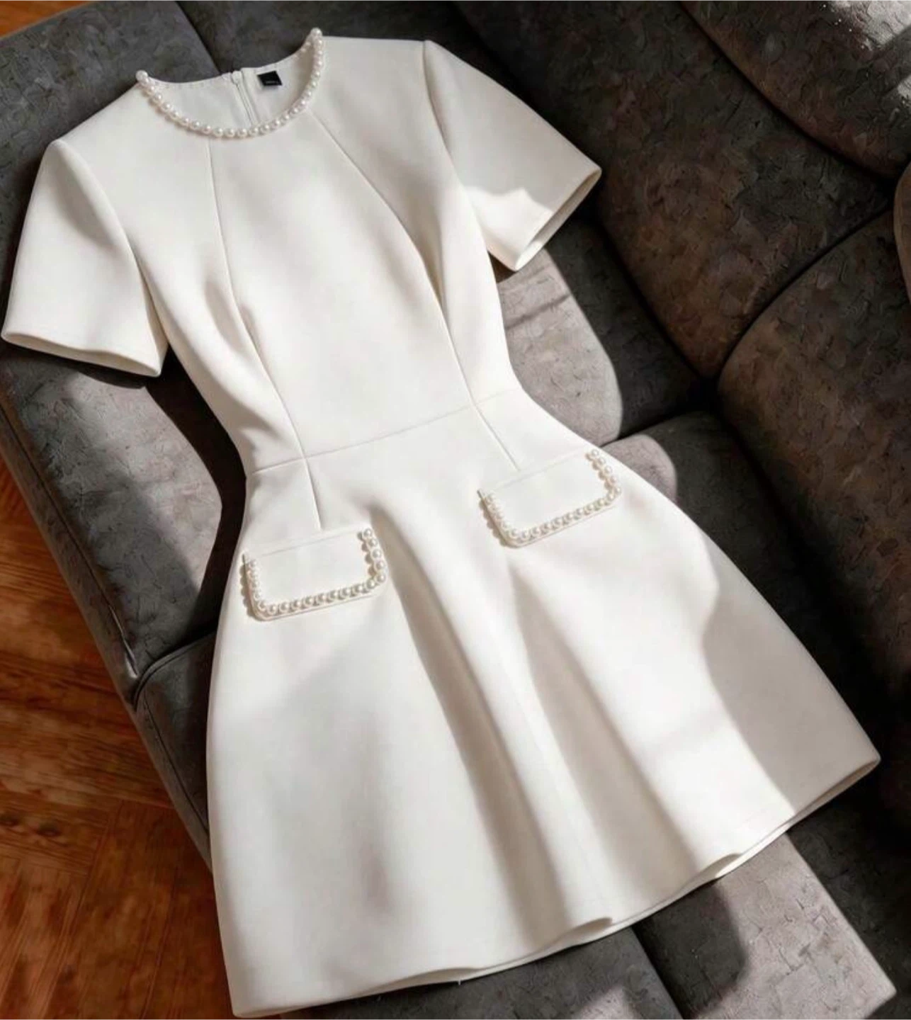 White A-Line Dress with Pearl Detail - photo 2