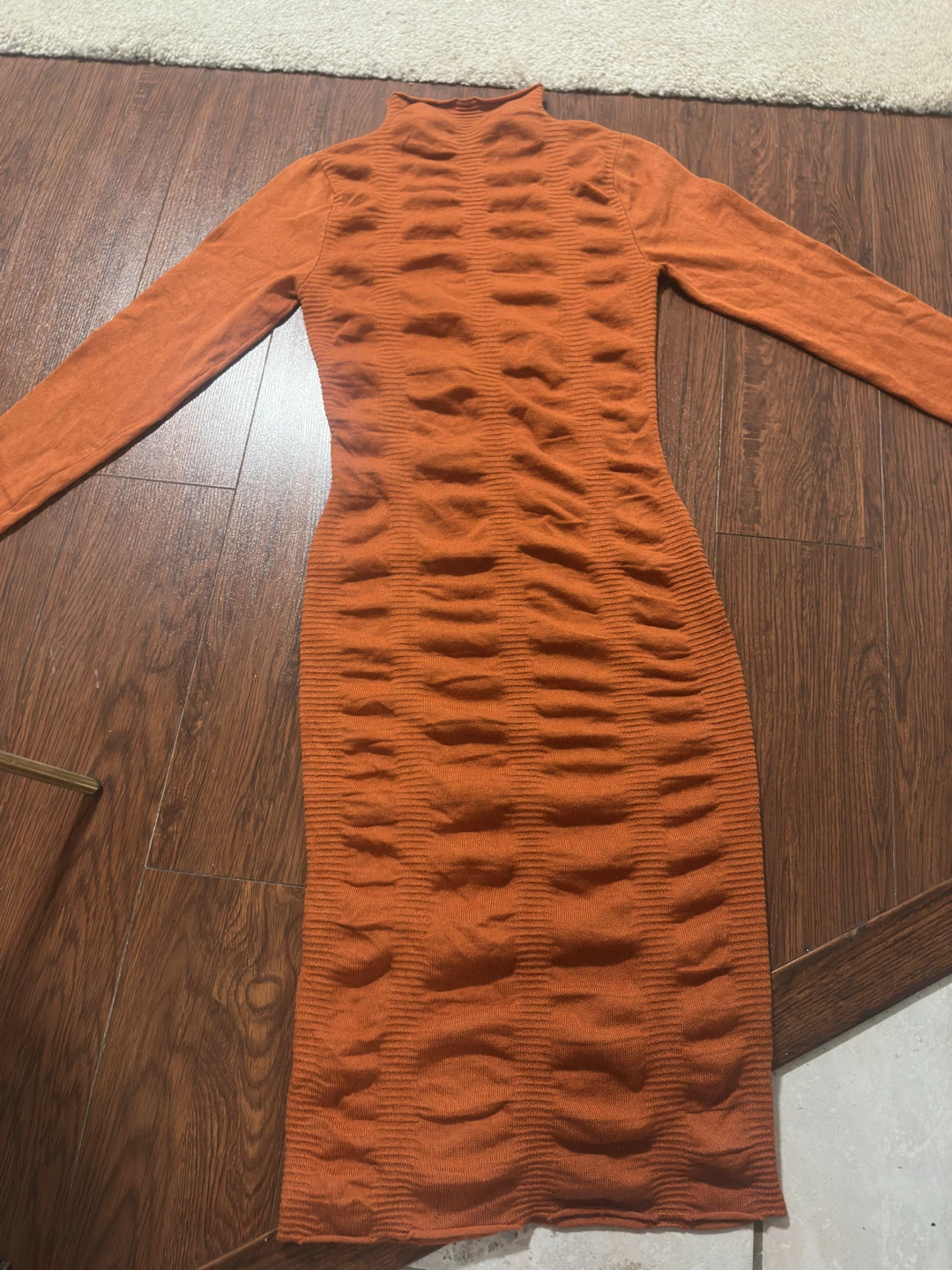 Orange Ruched Mock Neck Long Sleeve Dress