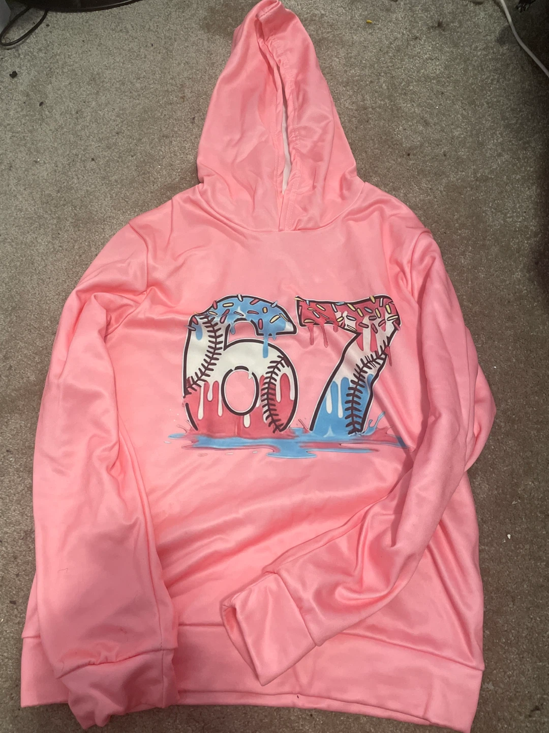 Pink Hoodie with "67" Donut Baseball Graphic