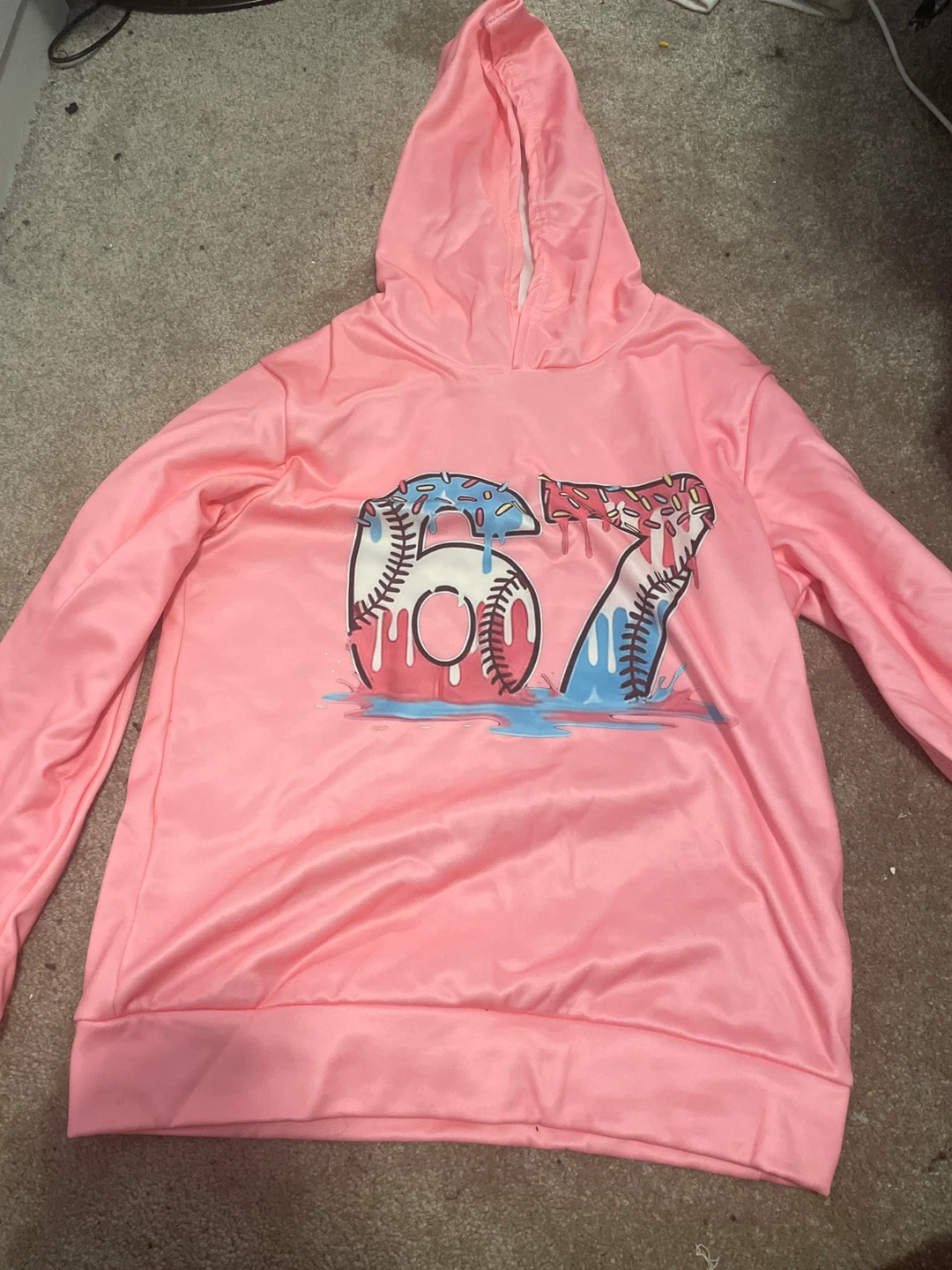 Pink Hoodie with "67" Donut Baseball Graphic - photo 2